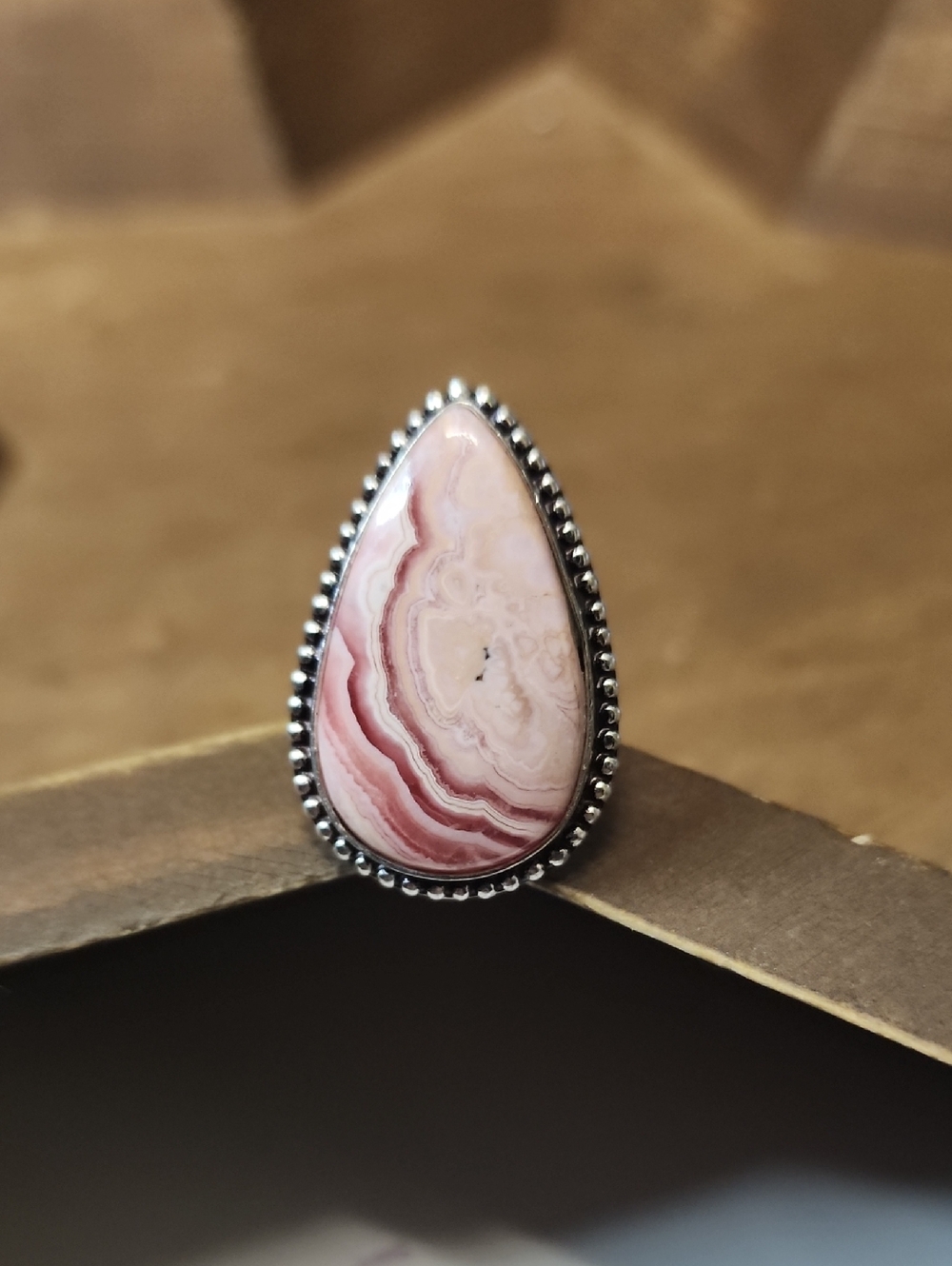 Sterling Teardrop Pink Rhodochrosite Statement Ring